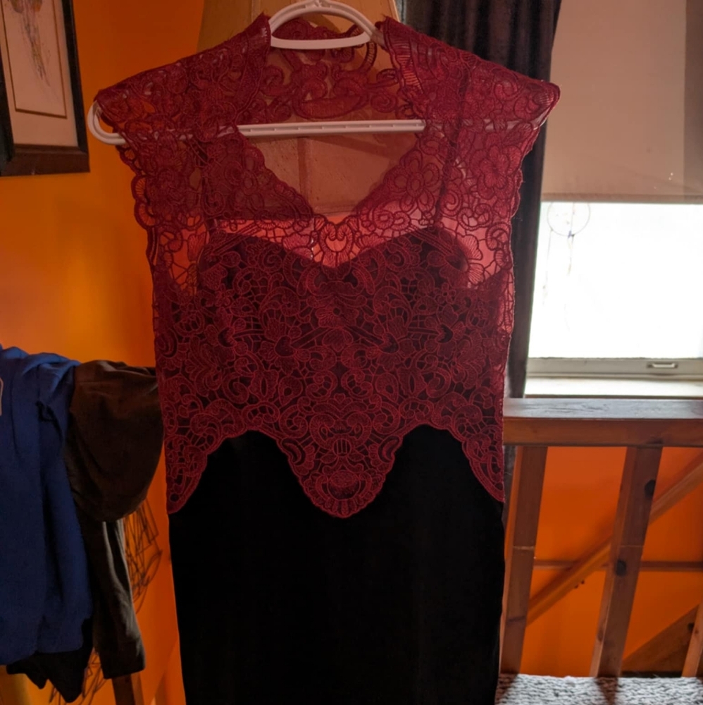 Black Satin, Red Lace with Red Satin underlay